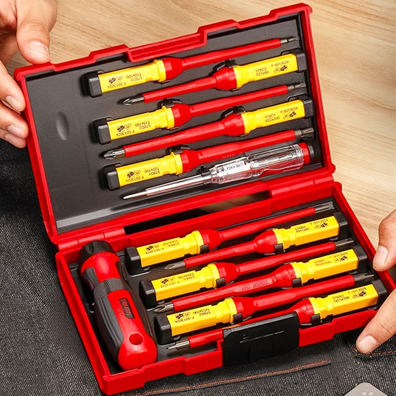 

DELI Electrician Repair Tools Kit 13pcs Changeable Insulated Screwdrivers Set Slotted Cross Screwdriver Bit With Voltage tester