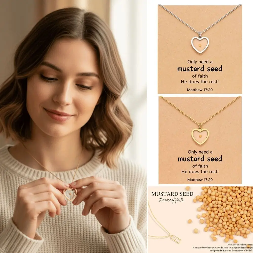 Nuevo Regalo cristiano Semilla de mostaza Color plata Colgante de color dorado Cadena de forma rectangular de semilla de fe