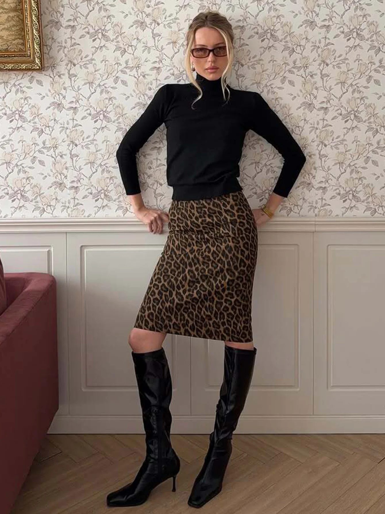 Dulzura High Waist Slim Fit Side Slit Leopard Print Midi Skirt Women'S Vintage Casual Vacation Skirt Party Club Street Clothes