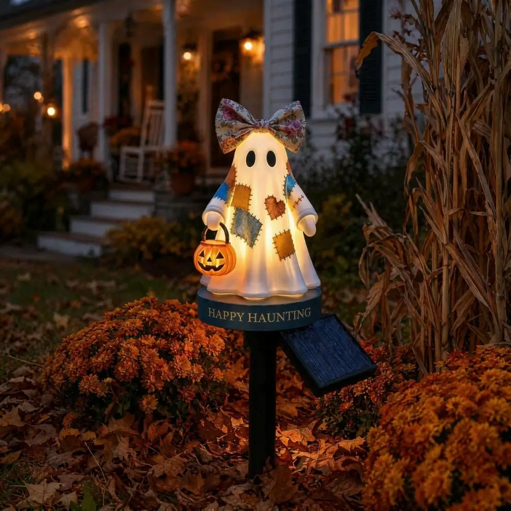 Halloween Ground Lamp Warm Light Garden Lamp Solar Retro Patchwork Ghost Light Fabric Halloween Garden Stake with Pumpkin
