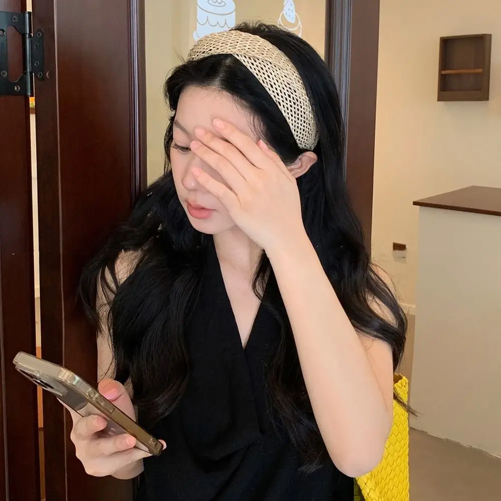 

Hollow Straw Weave Headband Hair Band Vacation Style Wide Edge Hairband Headwear Korean Style Bohemian Style Hair Hoop Kids