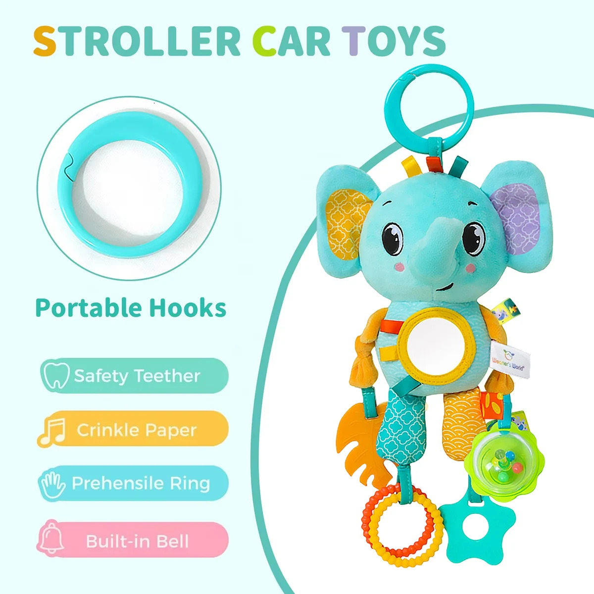 Soft Sensory Hanging Toy for Babies - Plush Animals with Rattle & Teether 5