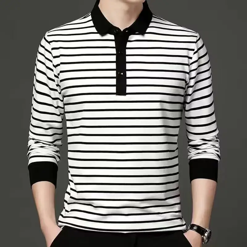 Spring and Autumn New Men\'s Long Sleeve T-shirt with Polo Collar Black and White Stripes Top Youth Casual Male Comfortable Shirt