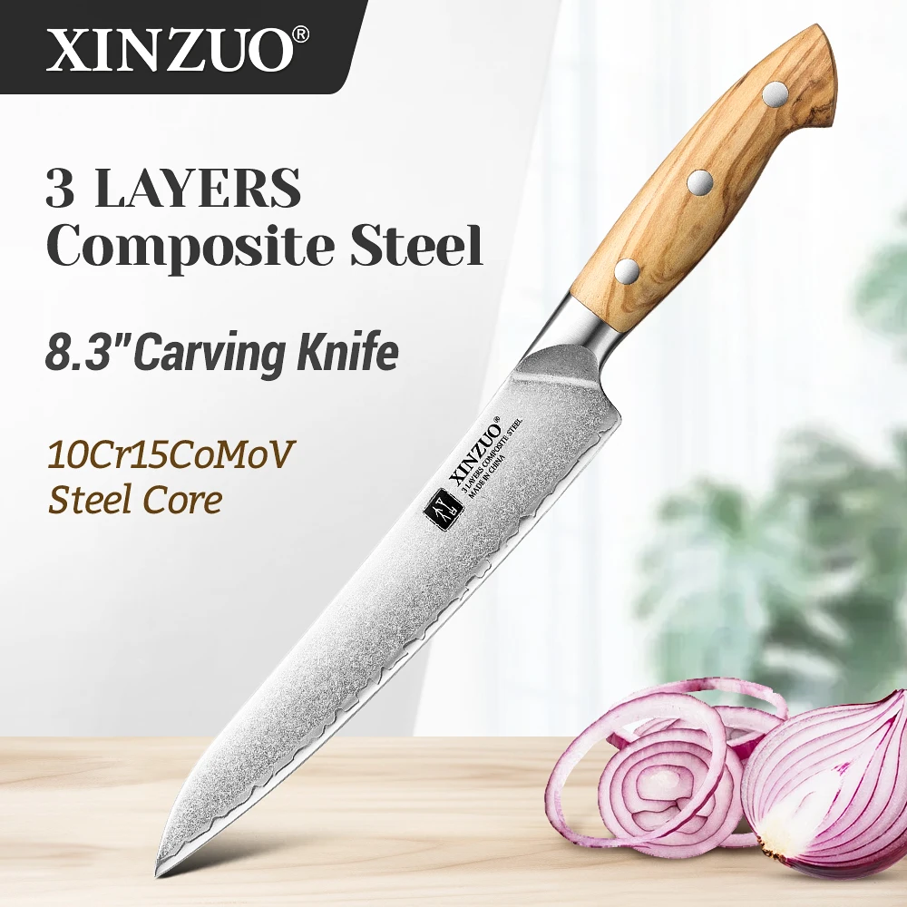 

XINZUO Premium 8.3'' inches Carving Knife Custom Clad Steel 10Cr15CoMoV Steel Core For Kitchen Meat Fruit Vegetable Cutting Food