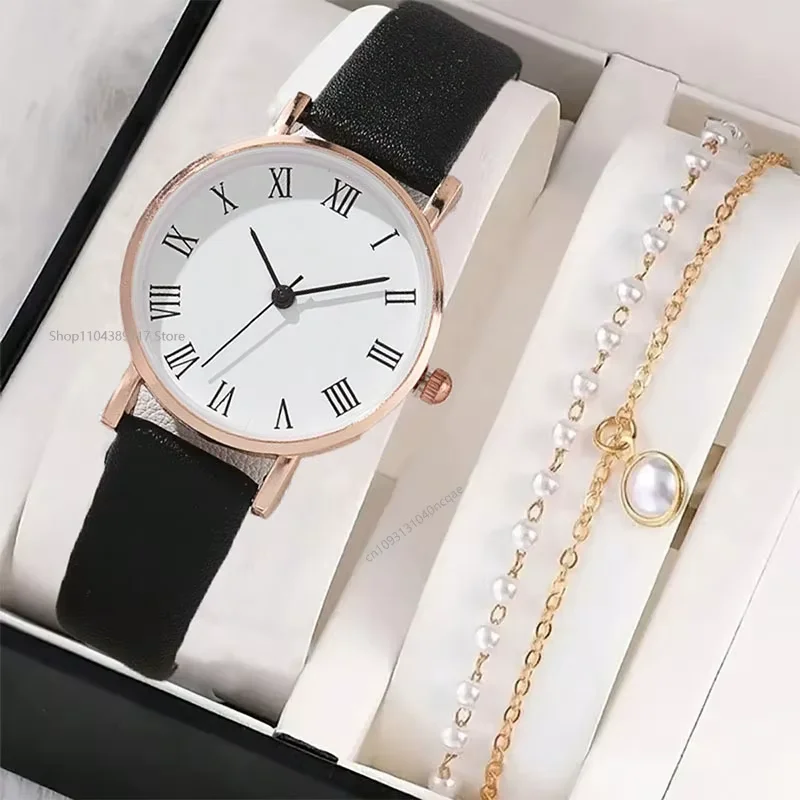 2PCS/Set Women's Watch Shiny Fashion PU Leather Analog Quartz Watches Luxury Women Simple Dial Ladies Watches Reloj Mujer