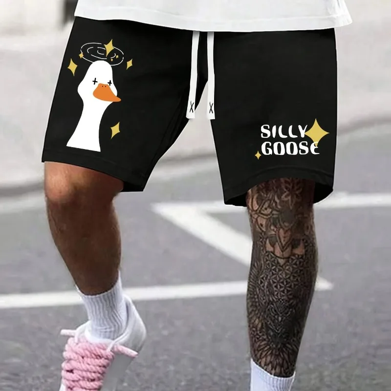 

Men's casual cartoon goose pattern drawstring shorts, breathable and elastic Shorts for Men