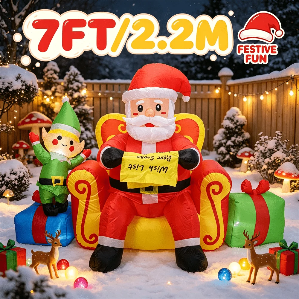 7FT Christmas Inflatable Toy LED Light Up Santa on Throne with Elf Wish List Inflatable Yard Decor Outdoor Lawn Xmas Decoration view 5