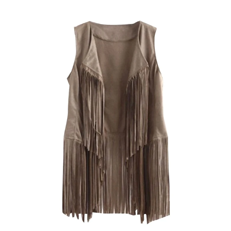 Women Faux Suede Ethnic Sleeveless for Jacket Long Fringe Tassels Hippie Open Front Cardigan Vintage Cowgirl Waistcoat Vest