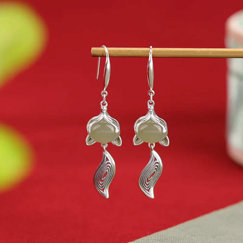 Natural Hetian S925 Sterling Silver Jade Ancient Style Ethnic Ear Hooks Earrings