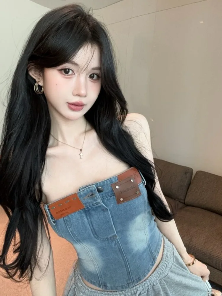 

American Style Sexy Retro Splicing PU Leather Tube Top Short Denim Vest Women Summer New City Walk Cotton Blend No Sleeve