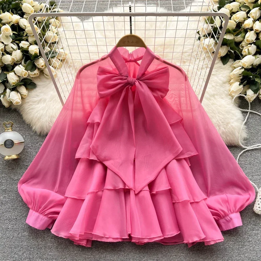 

Женские блузки с длинным рукавом: модные весенние шифоновые топы с кружевом и бантом, свободные многослойные блузы с оборками