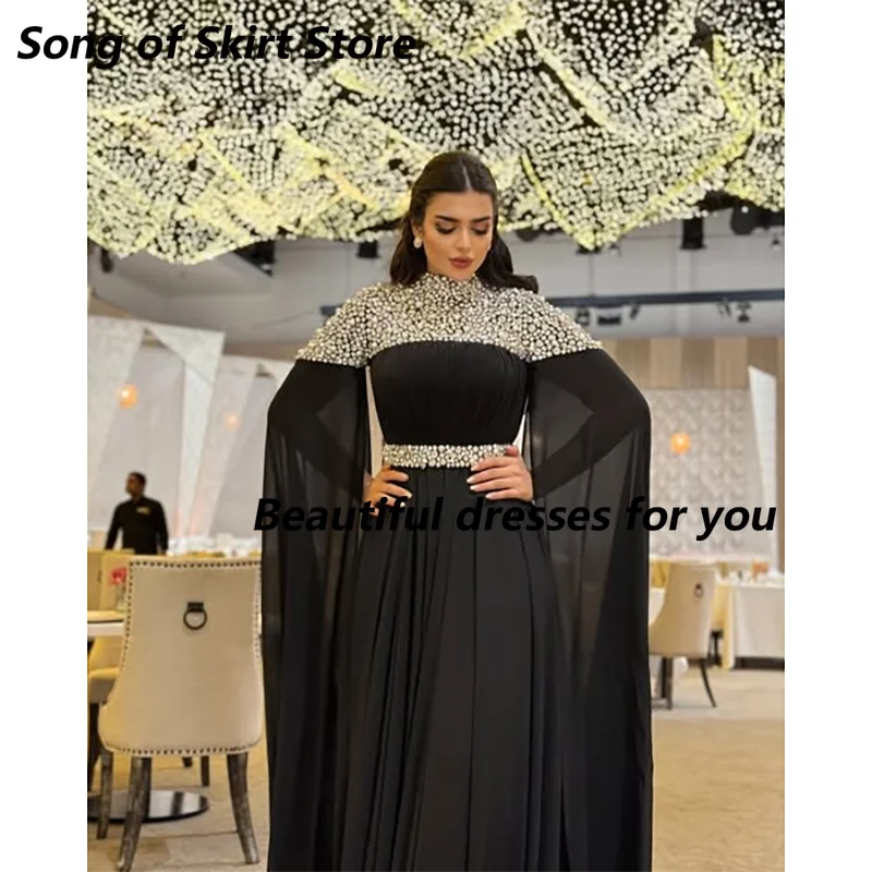 Vestido de noche de lujo personalizado, cuello alto, manga larga, gasa de cristal, línea A, vestido de fiesta Formal, vestidos de graduación árabes, bata de velada