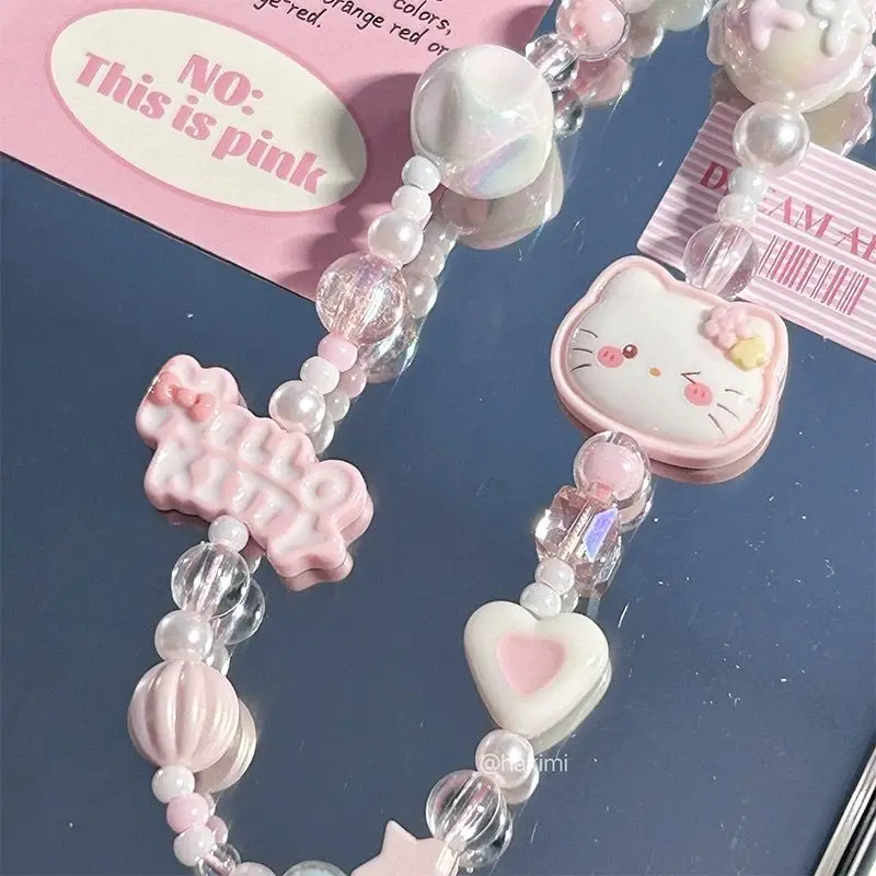 Kawaii Sanrio Hello Kitty Original Beaded Pink Hand-painted Cute Phone Chain CCD Anti-lost Camera Rope Lanyard Decoration