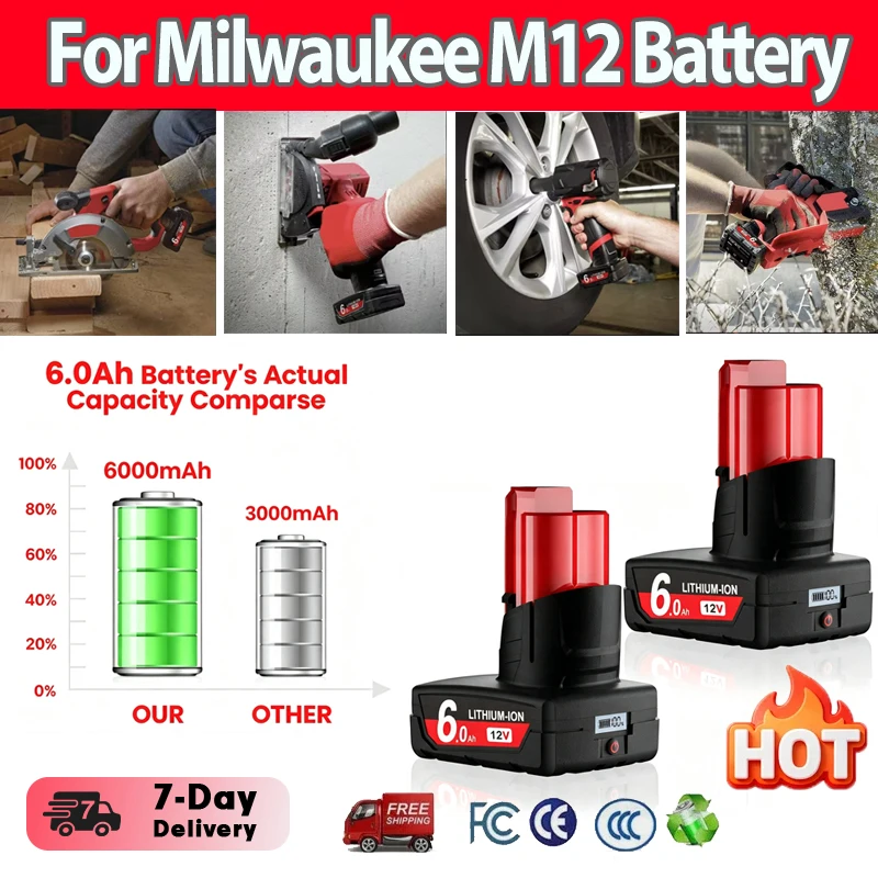 6000mAh für Milwaukee M12 mit LCD-Bildschirm 12V 48-11-2402 48-11-2411 Wiederaufladbare Lithium-Batterie Kabelloser Schraubendreher Elektrowerkzeug