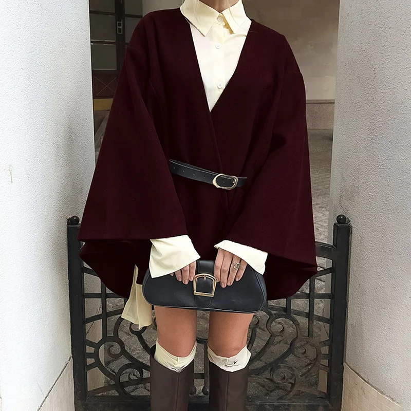 Ticketsx Women Cape Wool Coats Elegant Belt Loose Patchwork Jacket Coat Solid Autumn Winter Commute High Street Female Warm Coat