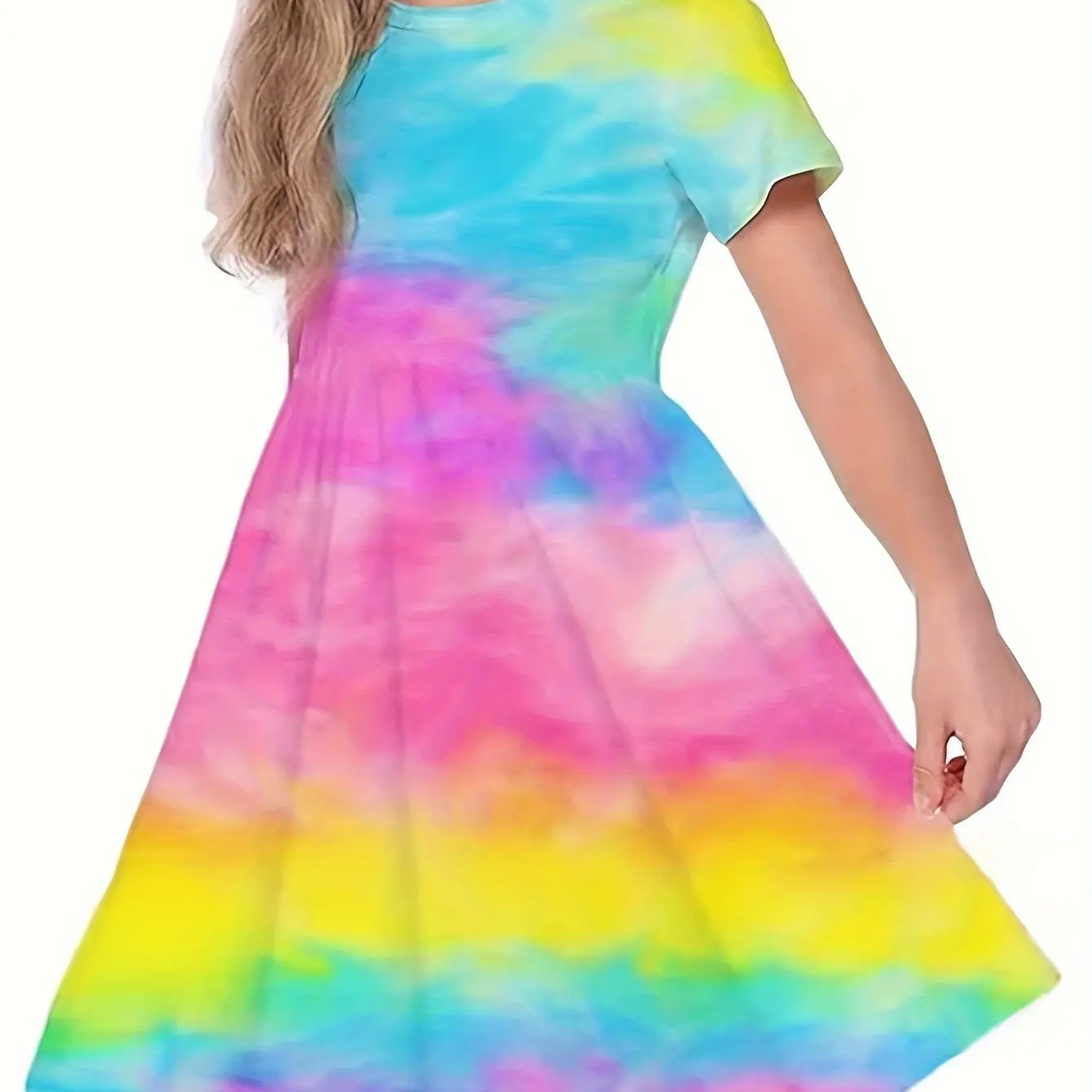 

3D Tie Dye Printed Girls Short Sleeve a-line Dress Casual Stretch Dress Fashion Campus Knee Dress Summer Nightgowns
