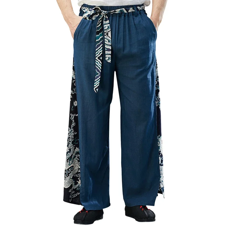 Chinese Harem Pants Men Dragon Oriental Wide-leg Retro Cotton Linen Cargo Loose Baggy Pants Lace-up Kung Fu Trousers