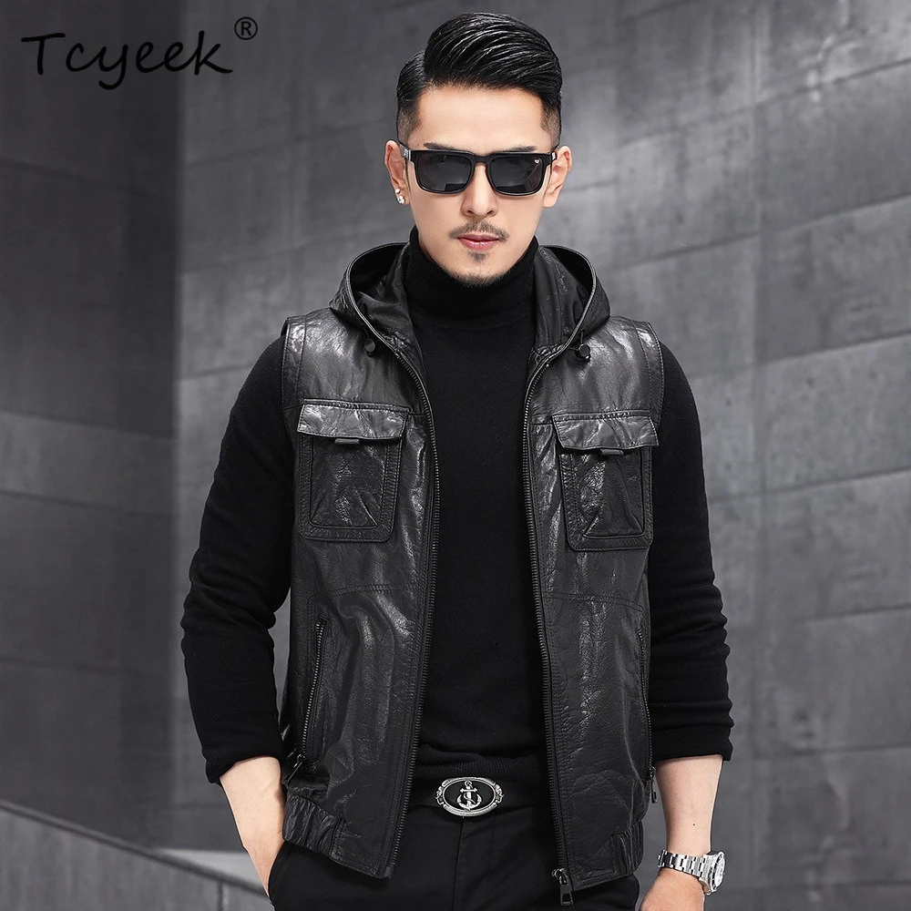 

Tcyeek Genuine Leather Vest Top Layer Cowhide Sleeveless Jacket Spring Autumn Clothes Motocycle Jackets Man 2025 Jaqueta Couro