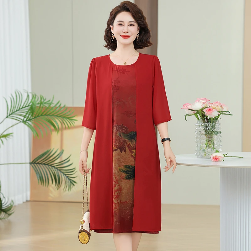 エレガントな夏の女性のクルーネックプリントスプライシングシフォンスリム半袖シフォンフェイクツーピースミッドレングスドレス