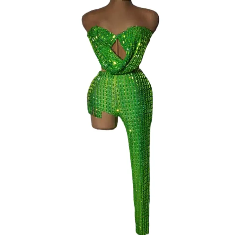 Sexy Stage Sparkly Green Rhinestone 2piece Set Club Short Jumpsuit Luxury Women Carnival Party Dance Troupe Bodysuits Fugui