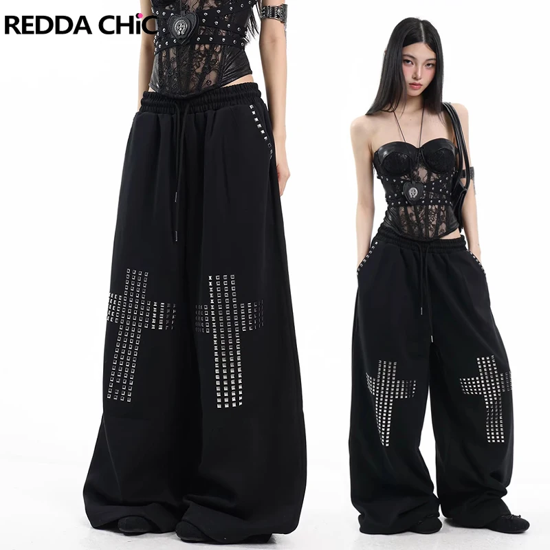 

Женские спортивные брюки REDDACHiC с крестом из страз, в стиле ретро, на шнурке, с эластичной талией, свободные, широкие, повседневные, в стиле хип-хоп, уличная одежда для женщин