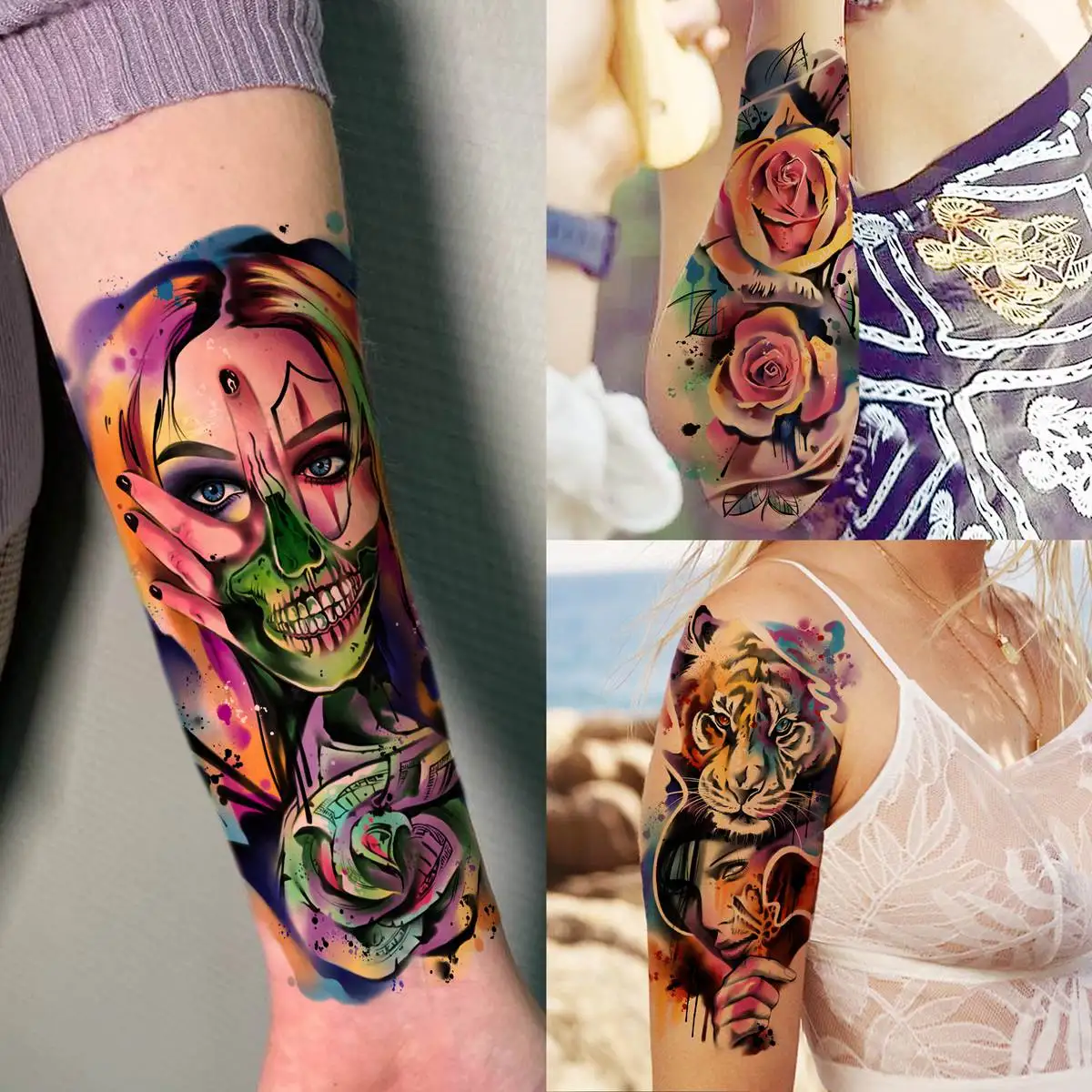 55 Sheets 3D Watercolor Temporary Tattoos For Women Adults Arm Fake Tattoos Colorful Wolf Rose Flower Tiger Lion Tatoos Body Art