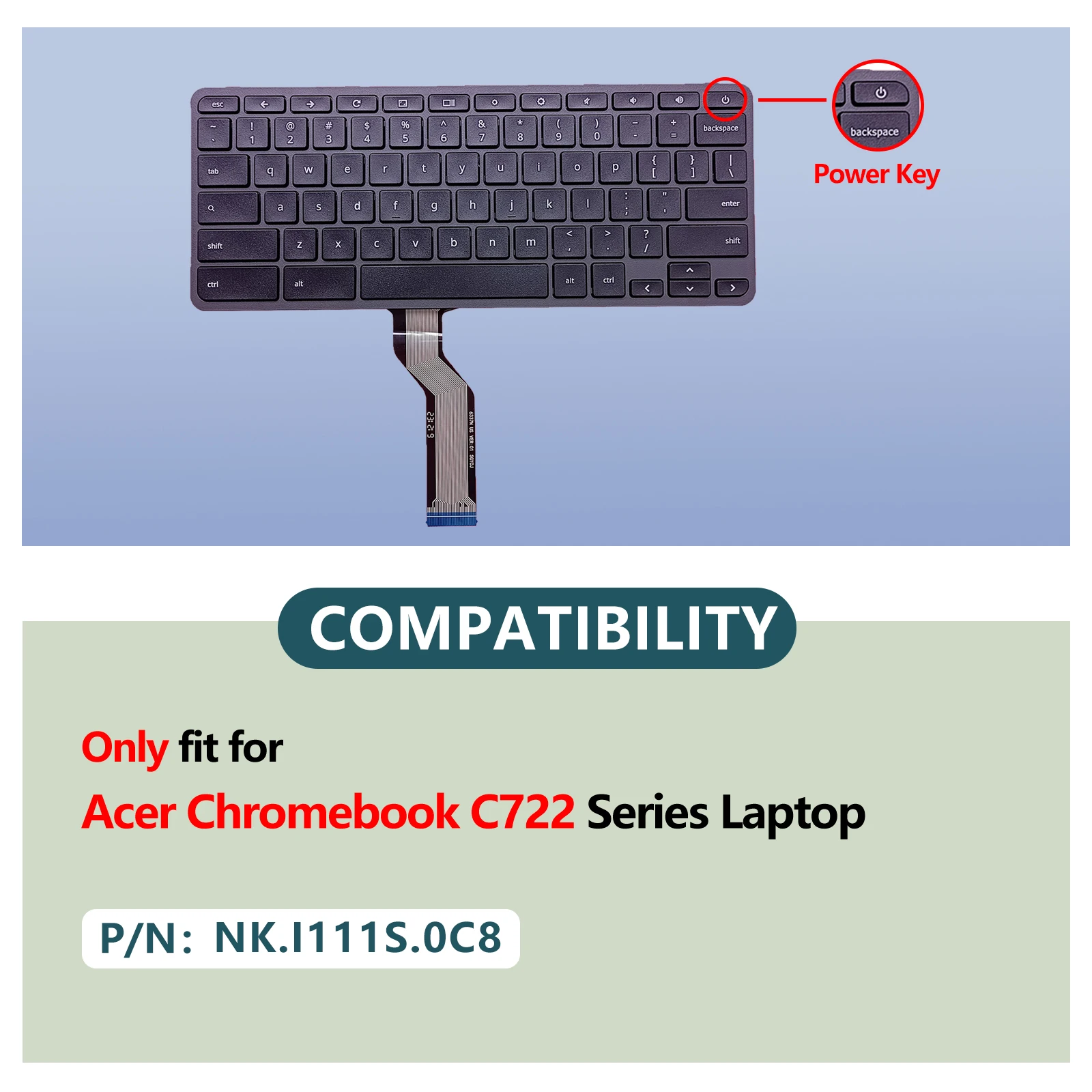 LWL New Laptop Replacement US Keyboard with Power Key For Acer Chromebook C722 Black NK.I111S.0C8