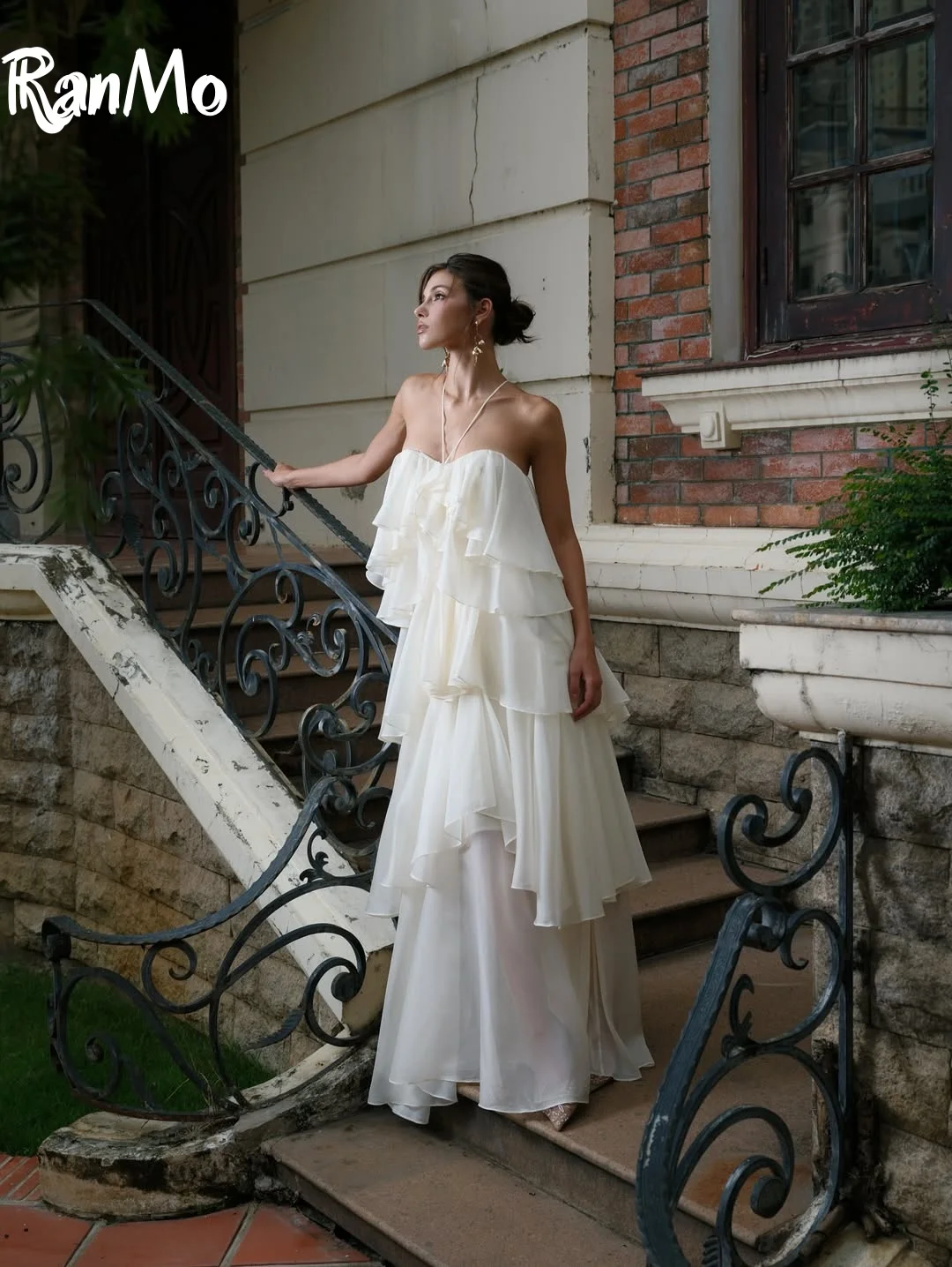 Ranmo أنيقة الرسن ألف خط فستان الزفاف الشيفون شاطئ الصيف الطية أكمام مشد زي العرائس طويلة المتدرج مخصصة 2025