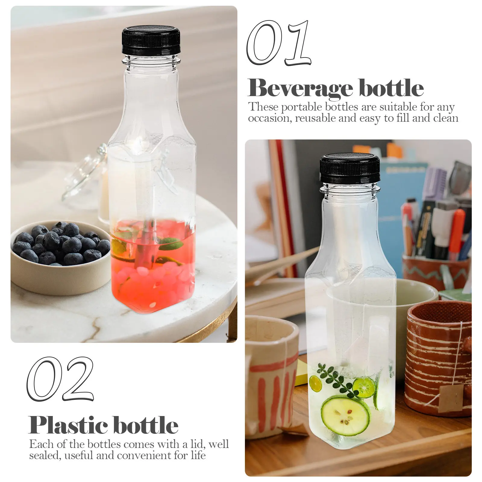 6Pcs Beverage Bottles Plastic Milk Tea Juice Bottles with Screw Caps Portable Clear Plastic Containers for Fresh Milk Juice