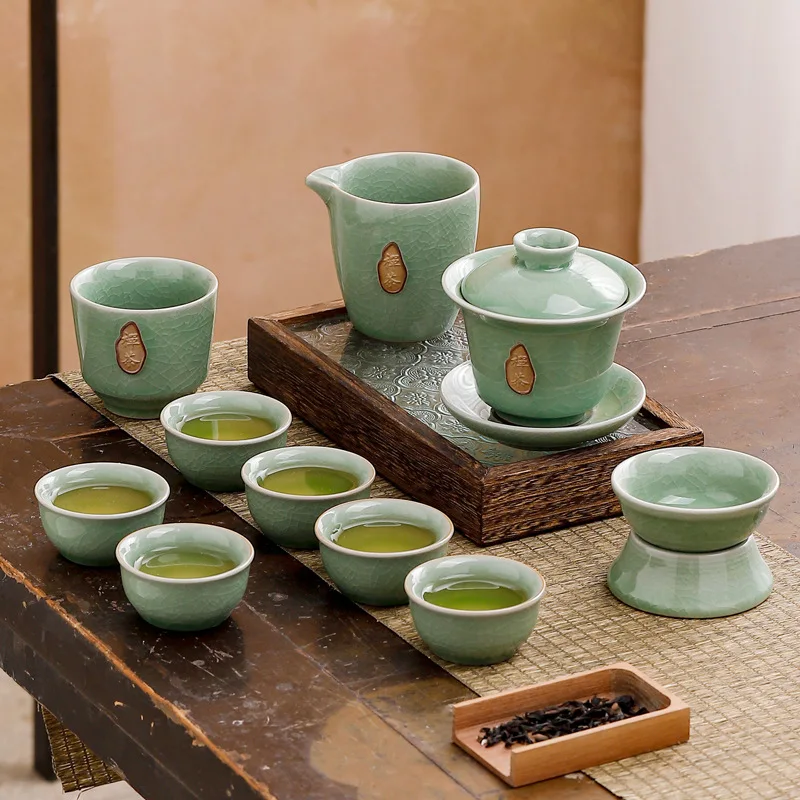 Gaiwan Kung Fu Tea Set Gift Set Celadon Tea Set Ice-cracking Glaze Ceramic Tea Set Business Events Accompanying Gifts