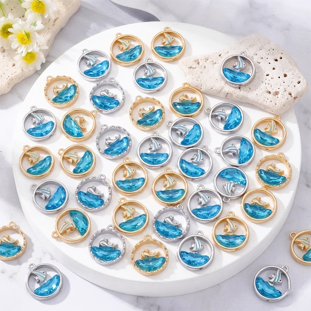 Summer Ocean Crystal Fish Dolphin Charms Blue Water Drop Pendants for Necklace Earrings DIY Jewelry Making Supplies Findings