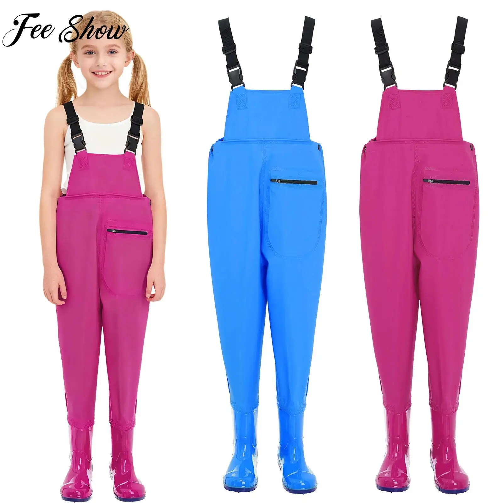 

Girls Boys Fishing Waders Kids Hurting Sportswear Adjustable Buckle Straps Jumpsuit Water-Resistant Overalls with Non-Slip Boots