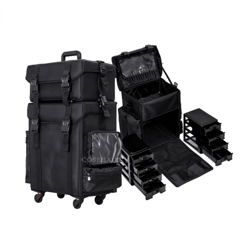 Portable Makeup Artist Rolling Makeup Train Travel Trolley Case With Tray And Drawers