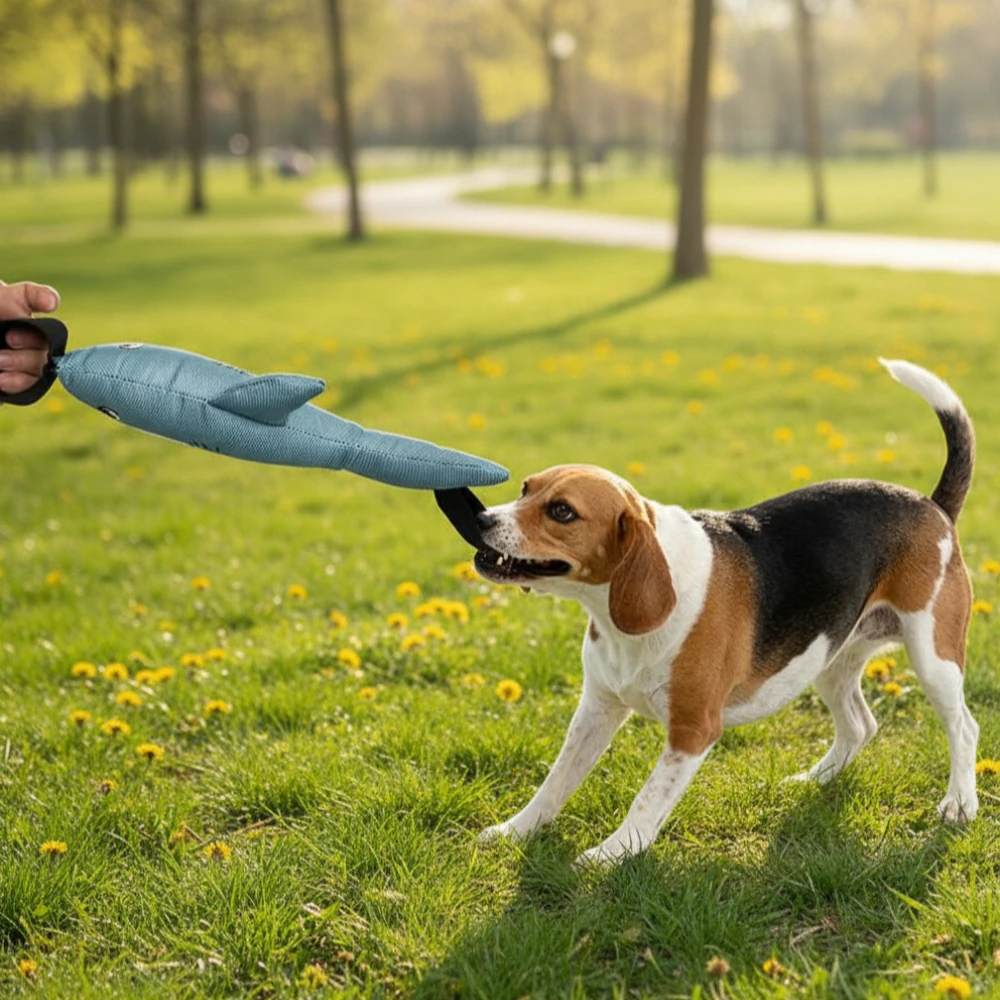Shark-Shaped Squeaky Tug Toy: Oxford Cloth Chew-Resistant Dog Toy for Interactive Biting and Pulling Games view 2