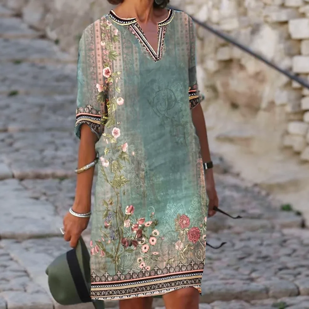 Fashion Womens Summer Dress Bohemian Print V Neck Short Sleeve Maxi Dresses Casual Loose Breathable Beach Holiday Wear
