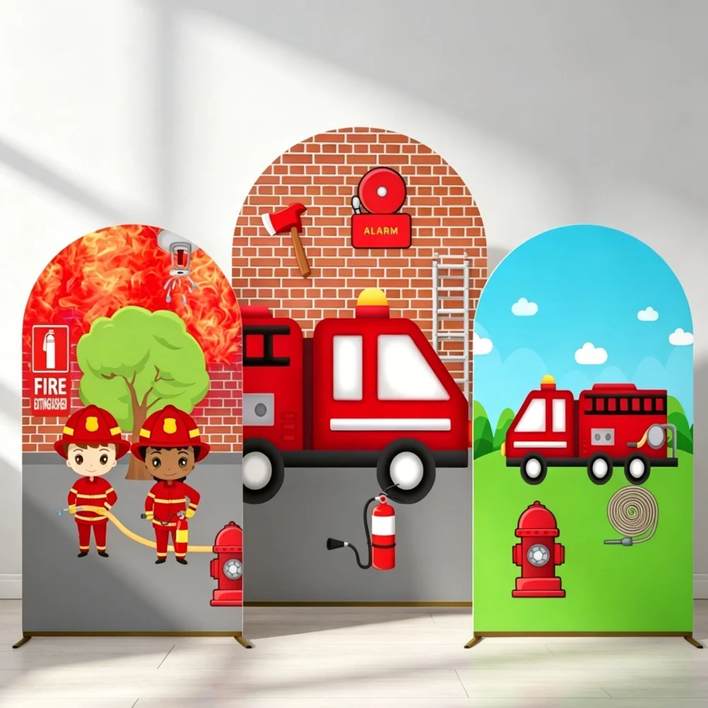 Fire Station Scene Arch Backdrop Cover Boy Girl Birthday Party Red Fire Truck Brick Wall Baby Shower Chiara Arched Background