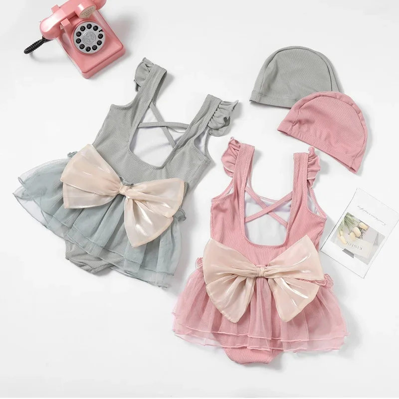 New Girls Swimwear Hat Set Fashion Sweet Children Solid Color Bow Swimsuit for Little Girls Kids Summer Soft Baby Swimwear