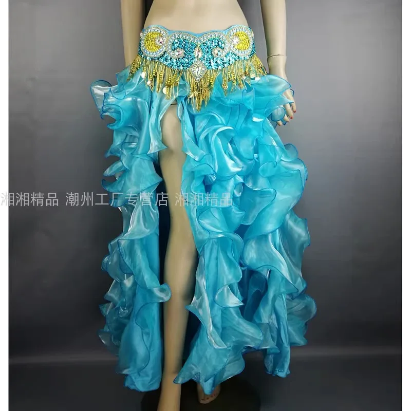 Dostosowany seksowny kostium do tańca brzucha dla kobiet, sukienka do występów dla dorosłych, sukienka z wysokim rozcięciem, duża, rozkloszowana spódnica, puszyste falowane ubrania.