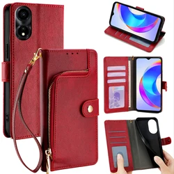 Leather Flip Phone Case for Honor X9A X8B X9B X7b X6A X8A X7A X8 X9 X6 X6S X30i X5 Plus Zipper Wallet Case Card Slots Lanyard