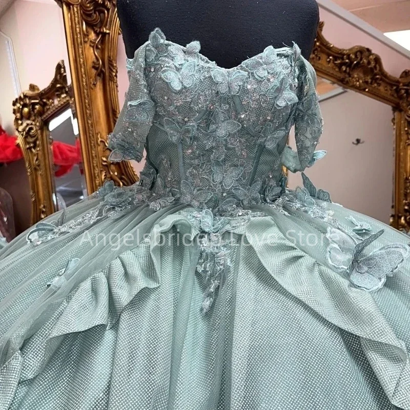 Angelsbridep зеленое бальное платье, платья для Quinceanera, женское платье для вечеринки на свадьбу с 3D бабочками и многоярусными открытыми плечами