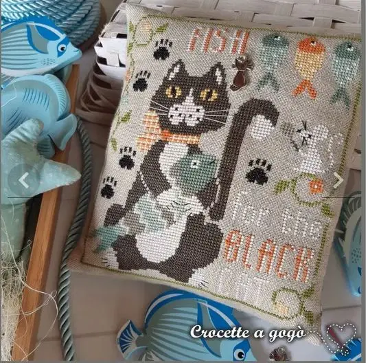 Gato preto Pesca Kit Ponto Cruz, Aida Contagem Canvas, Pontos Bordados, DIY Bordado Artesanal, 27-28