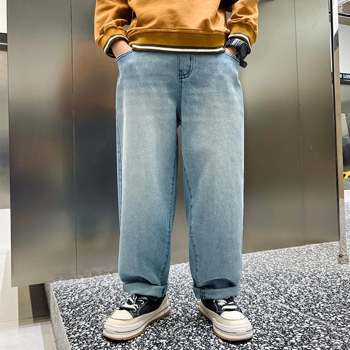 Boys Teen Embroidered Denim Jeans Retro Long Trousers Spring Autumn Simple Style Korean Version Cotton Blend Kids Clothing - view 2