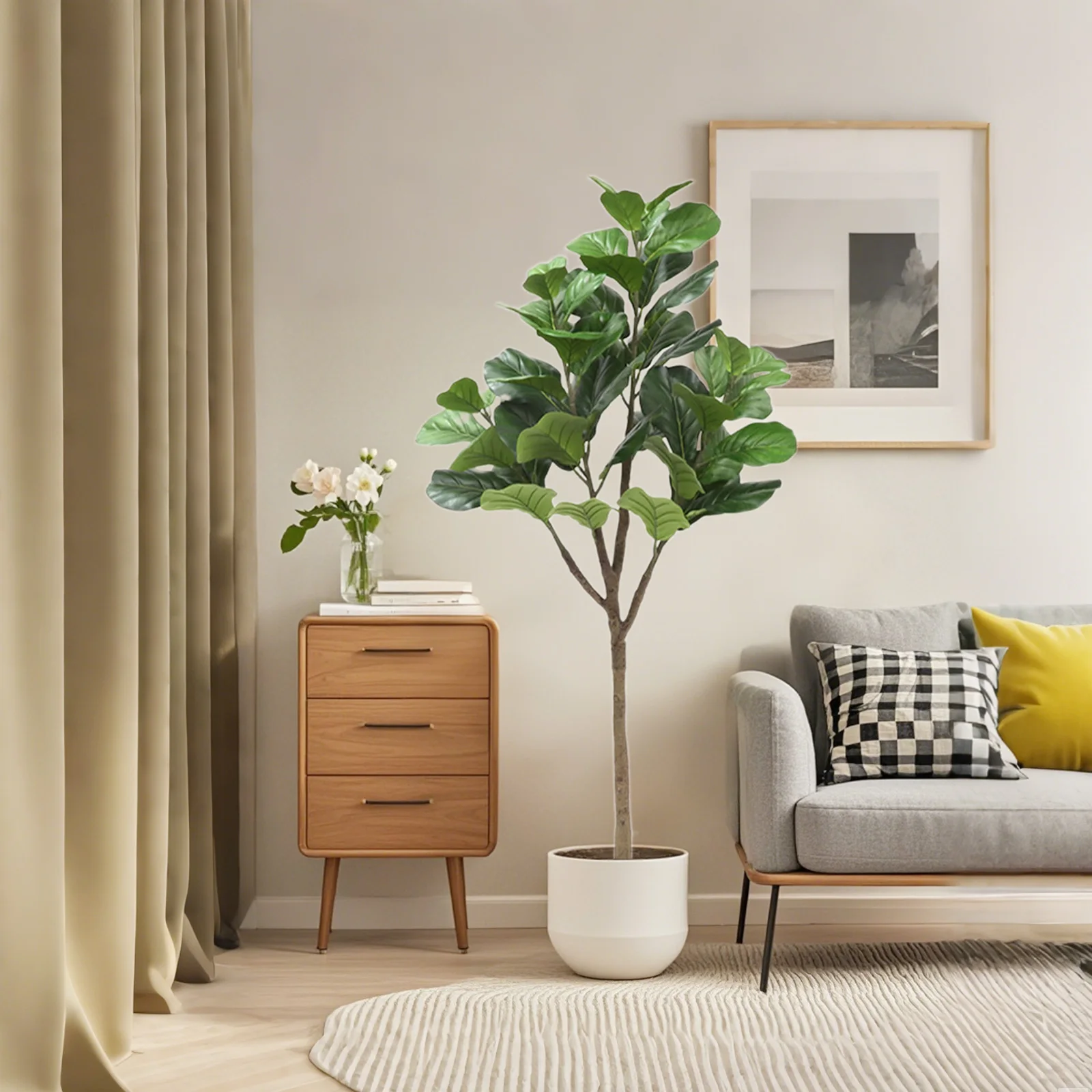 2Pcs Artificial Fiddle Leaf Fig Tree, 5.9FT Tall Faux Plant Fake Ficus lyrata Silk Tree Decorative Fake Tree in Pot for Home