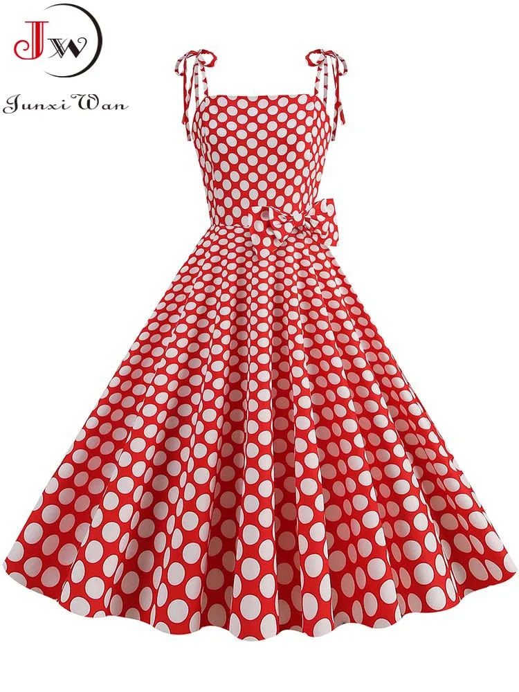 

Women Vintage Polka Dot Party Dress Retro Spaghetti Strap Cocktail 50s 60s Swing Summer Dress