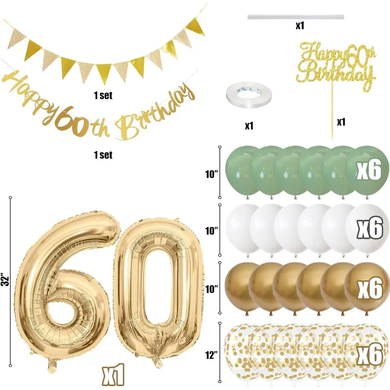 Salbei grün Gold weiß 60. Geburtstag Dekorationen für Geburtstag Luftballons alles Gute zum 60. Geburtstag Banner Kuchen Topper 60 Jahre altes Dekor – Detail 2