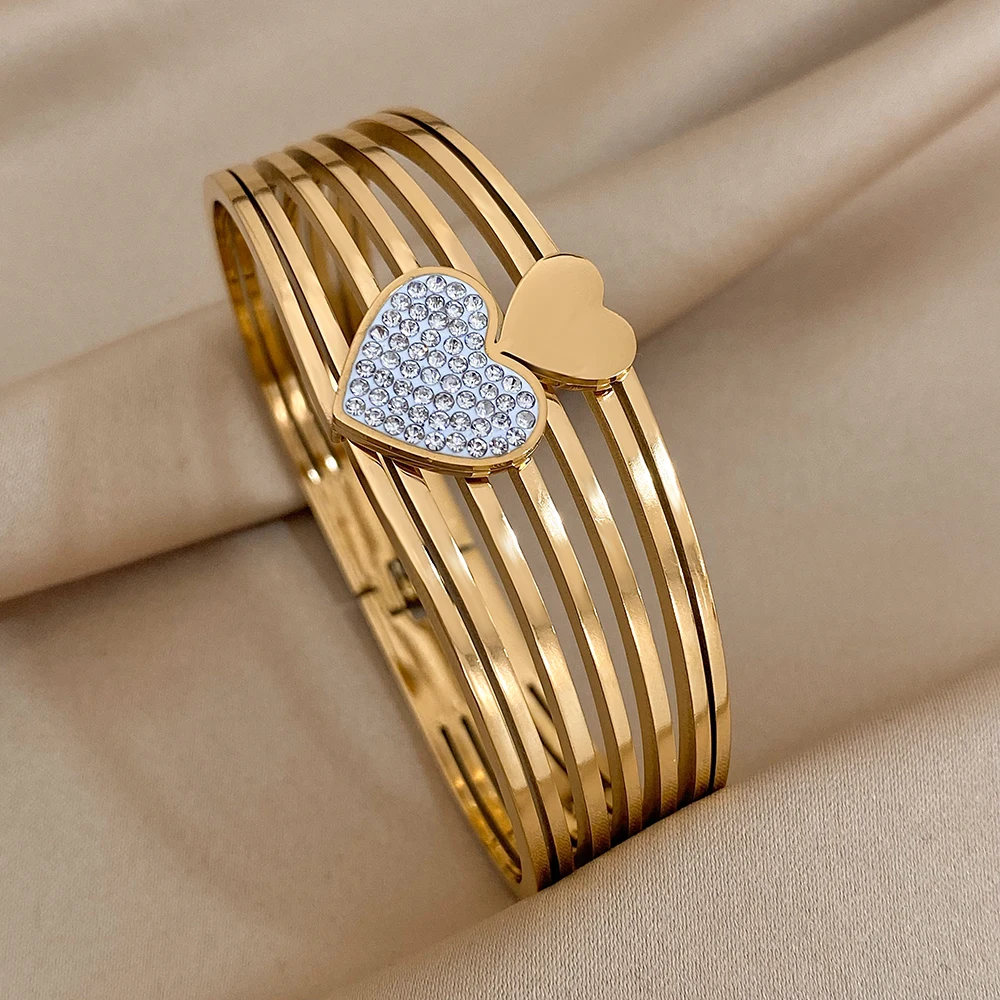 ALLYES New Design Chic Small Big Rhinestone Love Heart Wide Stainless Steel Bangles Bracelet Charm Gold Color Accessories Gift