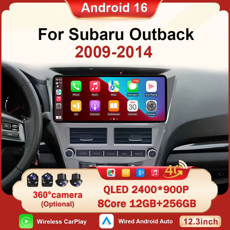 12.3‘’ Wireless CarPlay Android 16 For Subaru Outback LHD 2009 - 2014 WIFI GPS Navigation BT Car Radio Multimedia DSP Stereo