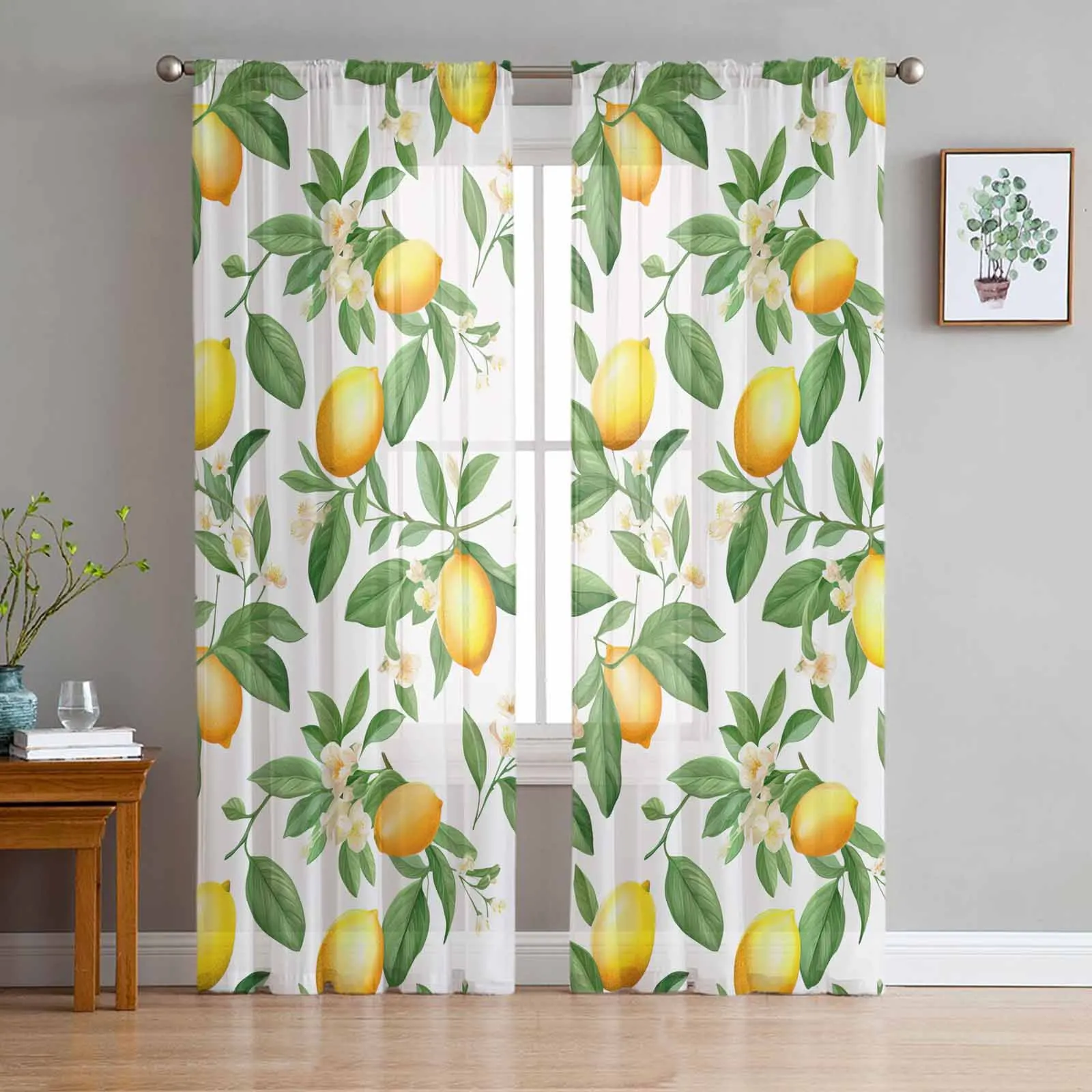 

Lemon Leaves And Flowers Sheer Curtain Living Room Drapes Home Bedroom Voile Curtain Tulle Window Curtain