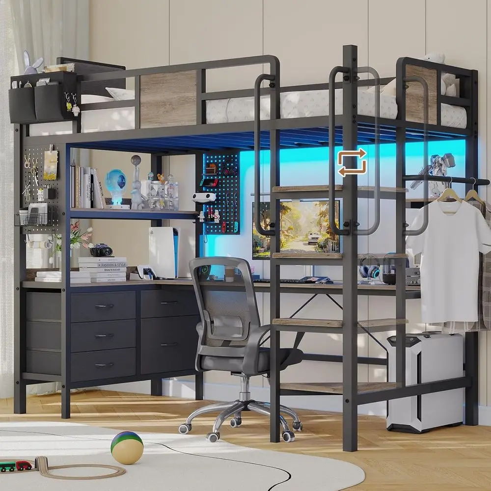 Twin Loft Bed with Desk and 5 Storage Drawers,Loft Bed Twin Size with LED Lights and Charging Station, Metal Bunk Bed Frame with