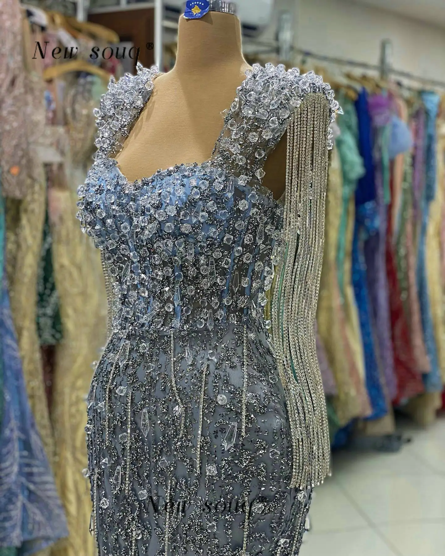 Customized Haze Blue Long Mermaid Evening Dresses with Slit Crystals Chains See Boning Night Party Gowns Arabic Vestidos 2025